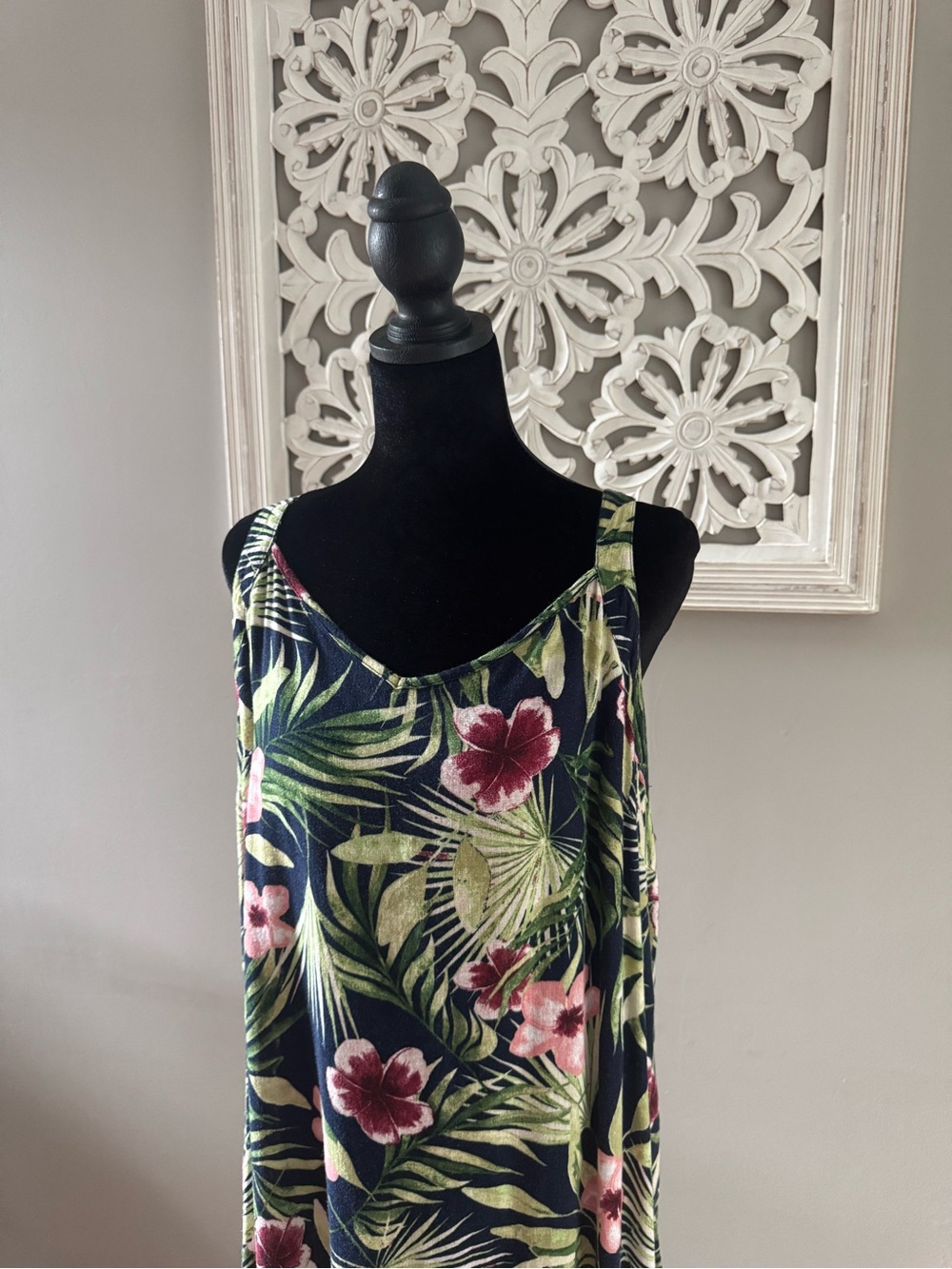 Denim&Co Navy Maxi Dress with Green Leaves & Pink Floral Print